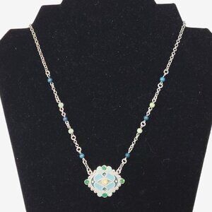 Lia Sophia Pendant Necklace Rhinestone Faux Turquoise Adjust 18"+ Silver Tone